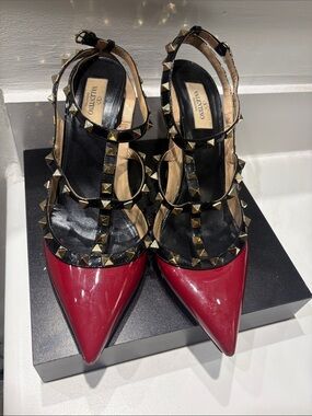 Valentino Rockstud Pointed Slingback Pumps in Red and Black